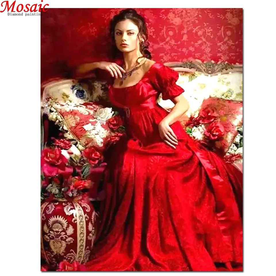 

Полный квадратный/круглый портрет 5D DIY алмазная живопись "красное платье элегантная женщина" вышивка крестиком 3D домашний декор