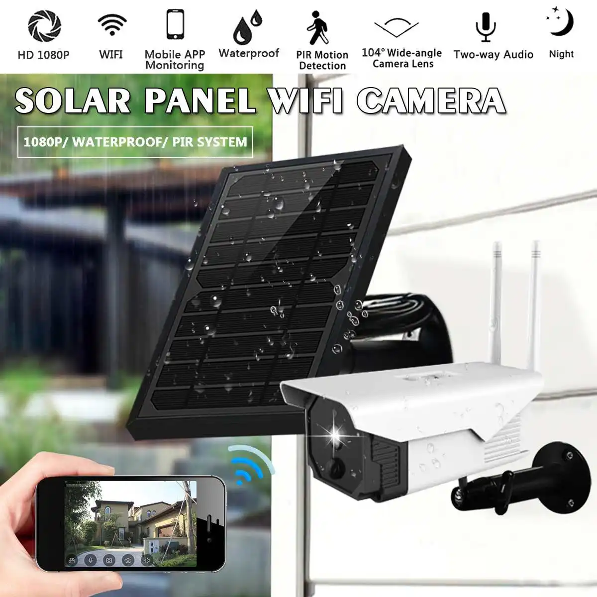 2MP 1080P Outdoor Solar IP Camera Waterproof Wireless Wifi Security Camera Solar Powered IR Motion Detection Night Vision Cam
2MP 1080P Outdoor Solar IP Camera Waterproof Wireless Wifi Security Camera Solar Powered IR Motion Detection Night Vision Cam