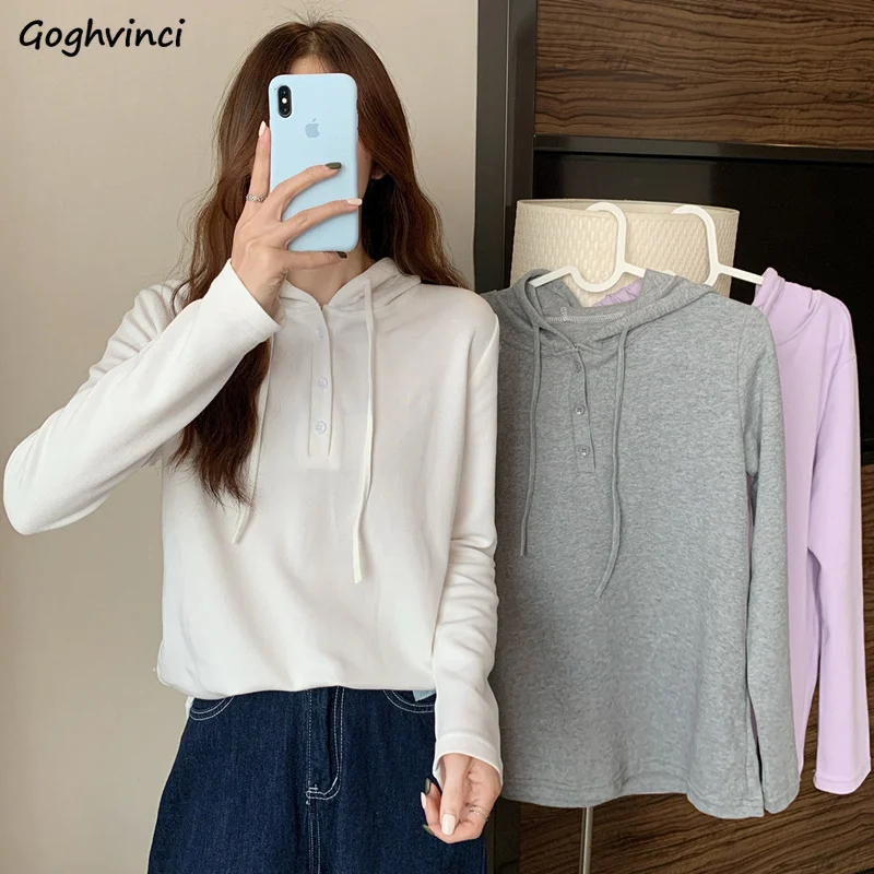 

Hoodies Women Solid BF Streetwear Female Minimalist Ins Hooded Spring Fall New Ulzzang Fashion All-match Button Cozy Students