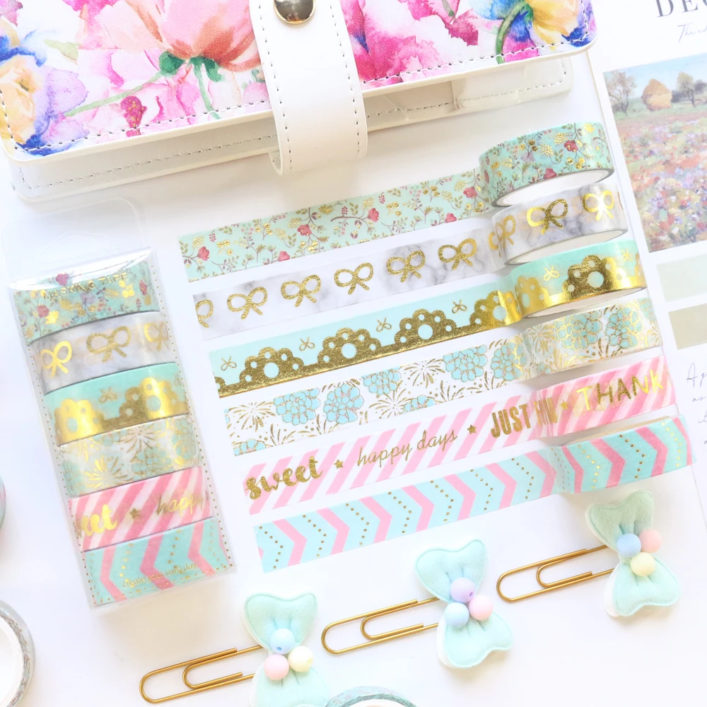 

Domikee 6 rolls cute gold foil traveler journal decorative washi tapes lot diary planner craft DIY paper masking tape stationery