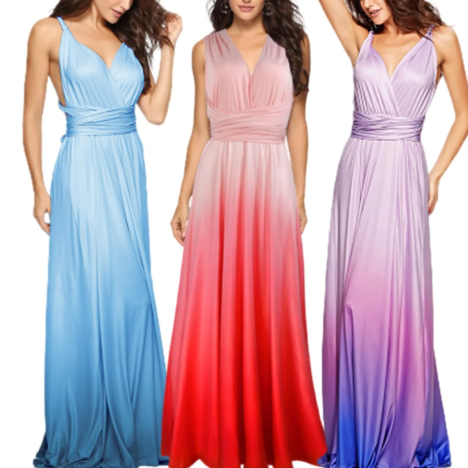 

Gradient Color Long Ombre Dress Gathered Elastic Waist Sukienka Tie Dye Dress Bare Back Criss Cross Dress Convertible Maxi Women