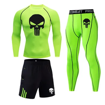 

Punisher Skull Running Set Men Jogging set MMA tactical T shirt underwear Sports leggings lycra Track suit Men Sportswear 4xl
