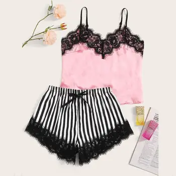 New 2020 Sexy Lingerie Sleepwear Shorts Set pyjama femme Women V-Neck Silk Lace Satin Striped Camisole Pajamas pijama mujer
New 2020 Sexy Lingerie Sleepwear Shorts Set pyjama femme Women V-Neck Silk Lace Satin Striped Camisole Pajamas pijama mujer