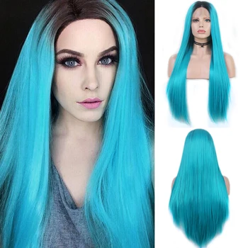 

Charisma Long Silky Straight Hair Ombre Blue Wig Middle Part Synthetic Lace Front Wig Black Roots Cosplay Wigs for Women