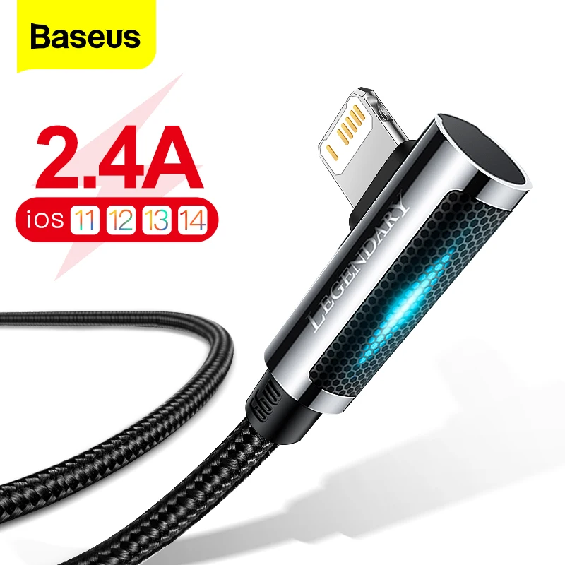 

Baseus 90 Degree LED USB Cable For iPhone 13 12 11 Pro Xs Max Fast Charging Mobile Phone Cable For iPad Airpods Data Wire Cord