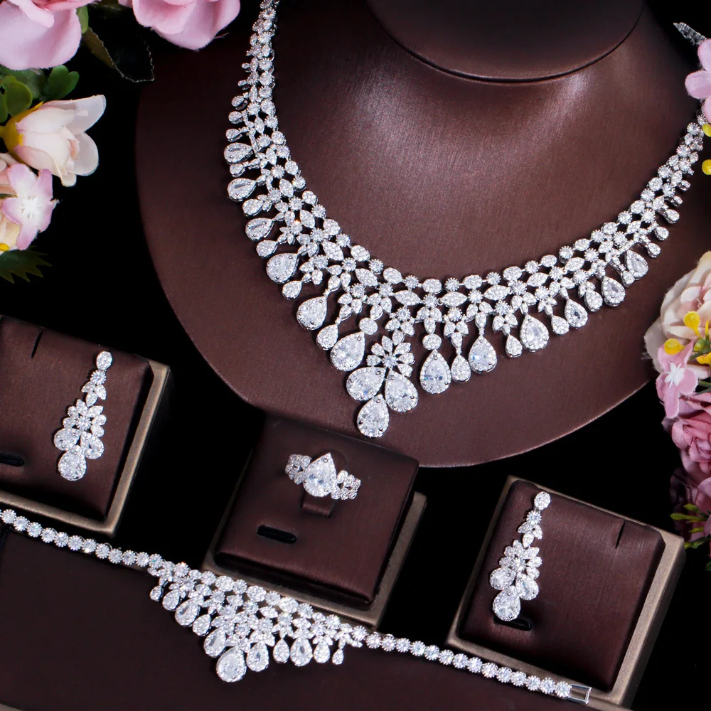 

CWWZircons Super Luxury Tassel Water Drop CZ Big Wedding Bridal Necklace Earring 4 pcs Nigerian Dubai Jewelry Set for Women T596