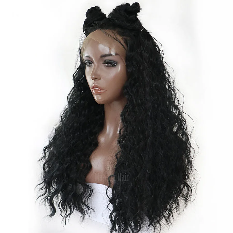 Maycaur Black Color Long Curly Wigs for Black Women Synthetic Lace Front Wigs with Natural Baby Hair (4)