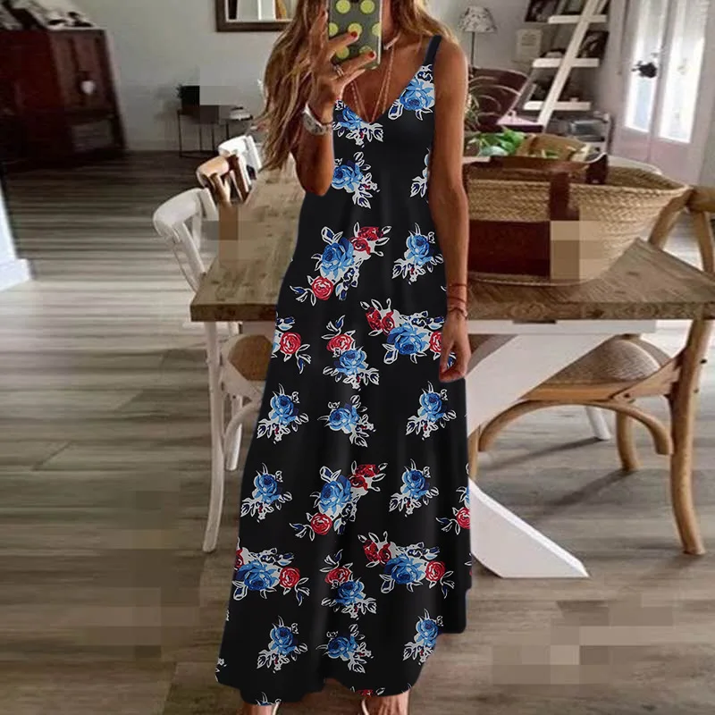 Sexy Maxi Dresses For Women Boho Print V-Neck Floral Sundresses Women Sleeveless Plus Size Dresses For Women 4xl 5xl Summer 2020