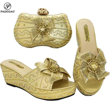 

Concise New Arrivals 2020 Italian Style Italian Women Shoes and Bag to Match in Gold Color Comfortable Heels For Party