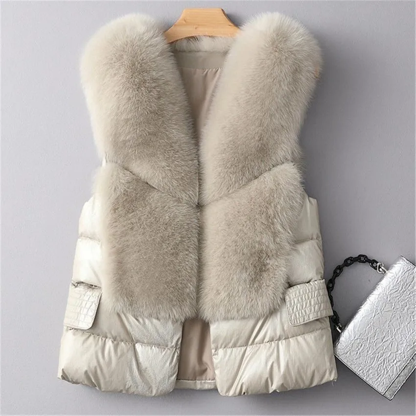 New Autumn Winter Sleeveless Coat Women White Duck Down Vest Slim Female Faux Fox Fur Vests Lady Short Paragraph Clothings 1508
New Autumn Winter Sleeveless Coat Women White Duck Down Vest Slim Female Faux Fox Fur Vests Lady Short Paragraph Clothings 1508