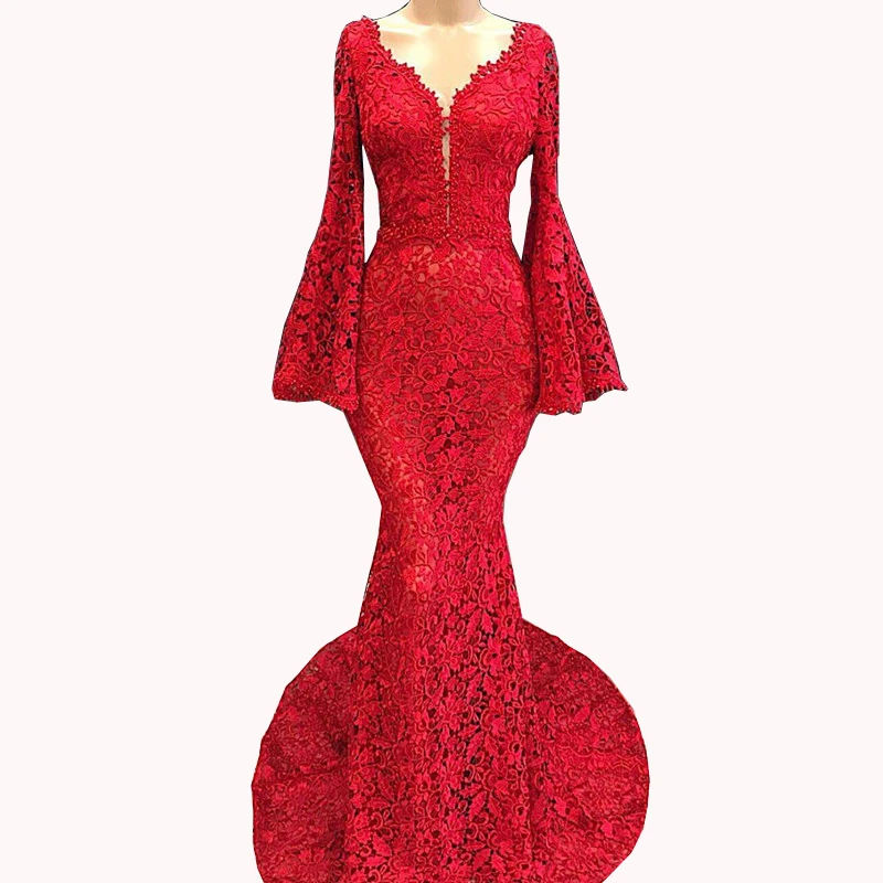 Long Red Lace Mermaid Evening Dresses 2019 Party Elegant for Women Celebrity Long Sleeves Dubai Caftans V Neck Formal Gown 
Long Red Lace Mermaid Evening Dresses 2019 Party Elegant for Women Celebrity Long Sleeves Dubai Caftans V Neck Formal Gown