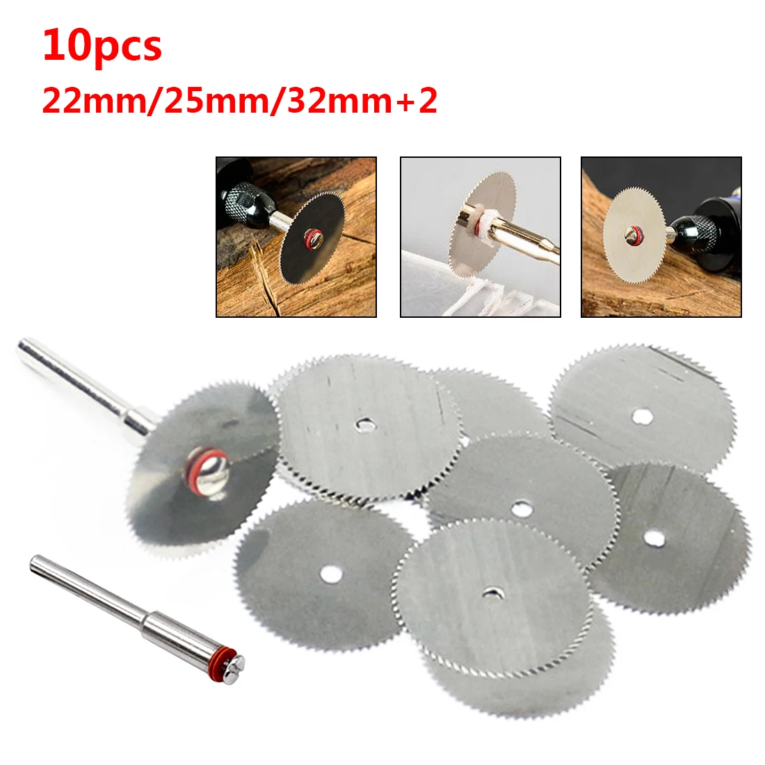 10PCS/SET Wood Saw Blade Disc + 2 x Rod Dremel Rotary Cutting Tool 22/25/32mm 
10PCS/SET Wood Saw Blade Disc + 2 x Rod Dremel Rotary Cutting Tool 22/25/32mm