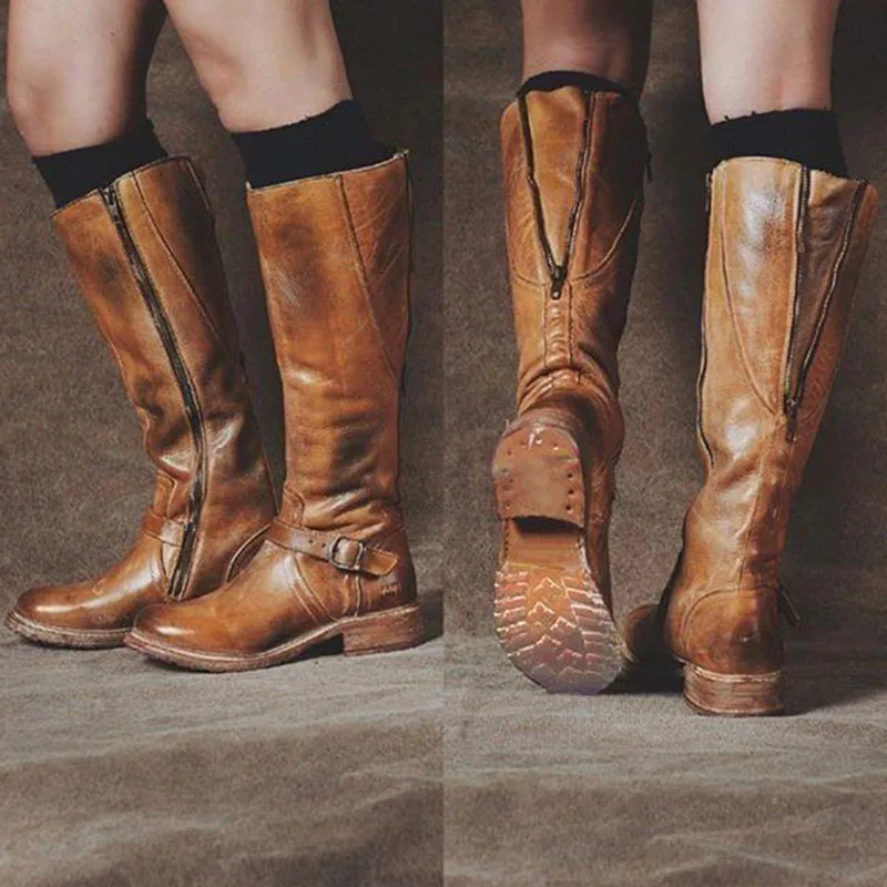 Women Knee High Boots Black Brown Warm PU Leather Zip Platform Long Boots Ladies Vintage New Low Heel Women Winter Shoes Booties