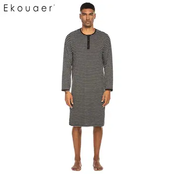

Ekouaer Men Nightshirts Homewear Striped Long Sleeve O Neck Sleepshirt Nightwear Knee Length Spring Autumn Sleepwear