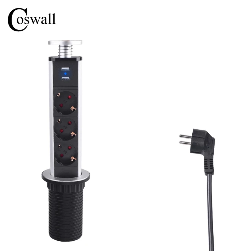 Выдвижная розетка COSWALL 3 гнезда 2 USB порта для зарядки кухонного стола рабочего с