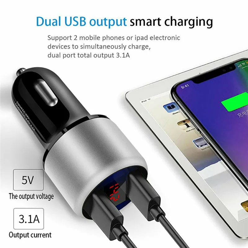 

3.1A Dual Ports USB Quick Charge Car Phone Charger with LED Display Screen Voltmeter 12V/24V Car Interior Accessories