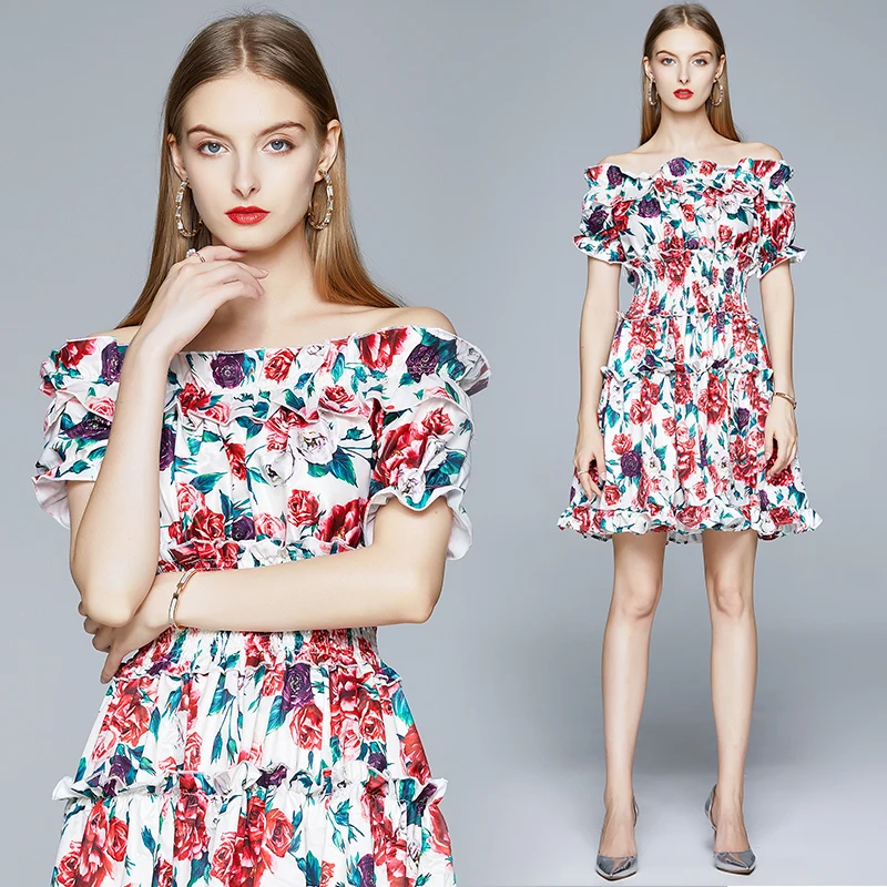 Fashion Designer Summer Female Floral Print Off Shoulder Dress Women Short Sleeve Elastic Waist Vintage Mini Dresses
Fashion Designer Summer Female Floral Print Off Shoulder Dress Women Short Sleeve Elastic Waist Vintage Mini Dresses