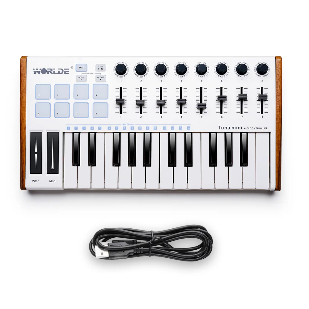 Worlde 25 Key USB Portable Tuna Mini MIDI Keyboard MIDI Controller with 8 Knobs, 8 Drum Pads, 8 Faders, Wood Imitation Rim, Peda
Worlde 25 Key USB Portable Tuna Mini MIDI Keyboard MIDI Controller with 8 Knobs, 8 Drum Pads, 8 Faders, Wood Imitation Rim, Peda
