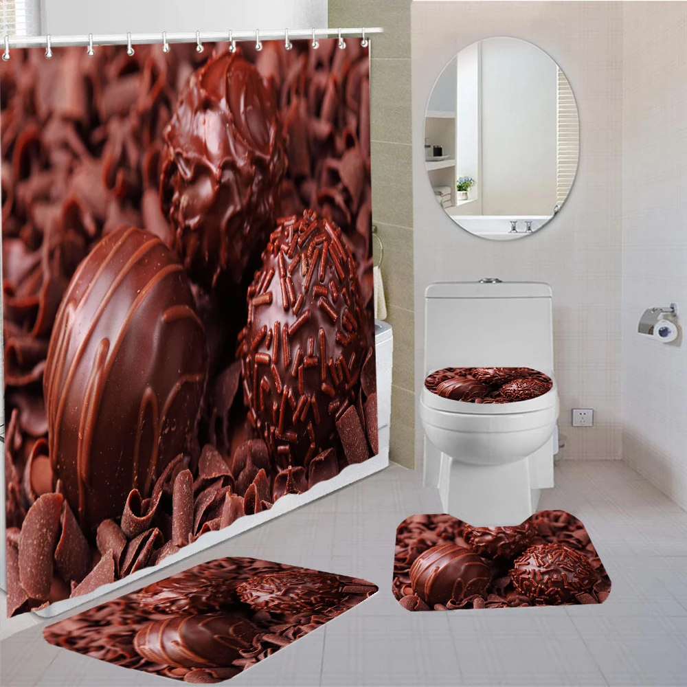 Chocolate Printed Polyester Shower Curtain 4 Pcs Set Non-slip Rug Toilet Lid Cover Bath Mat with Hooks Bathroom Curtain Set
Chocolate Printed Polyester Shower Curtain 4 Pcs Set Non-slip Rug Toilet Lid Cover Bath Mat with Hooks Bathroom Curtain Set