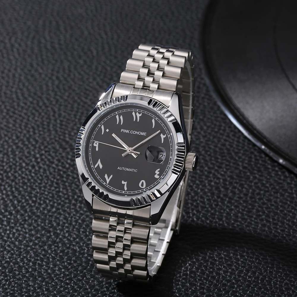 

Luxury Steel Arabic Numbers Watches Automatic Movement Urdu Numerals Mechanical Wristwatch Men Waterproof Erkek Saatleri