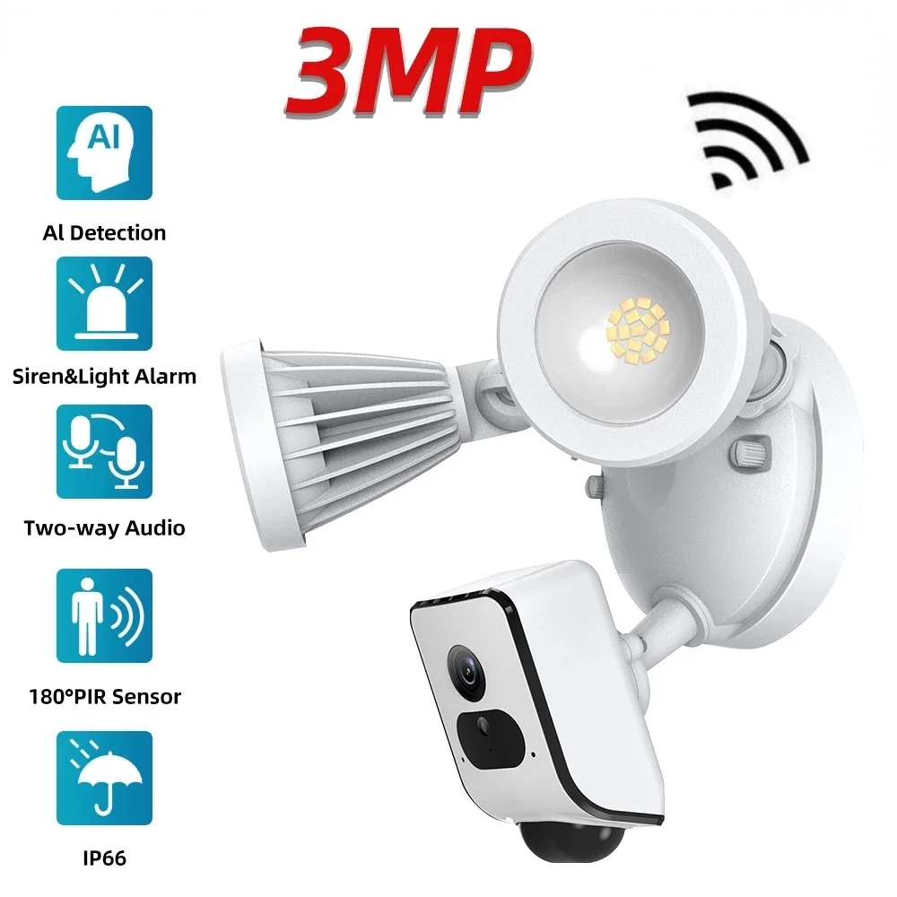3MP Smart Home WiFi IP CCTV Floodlight Camera Courtyard Lighting Two-way Audio Human Body Detection Color Night Vision Camera
3MP Smart Home WiFi IP CCTV Floodlight Camera Courtyard Lighting Two-way Audio Human Body Detection Color Night Vision Camera