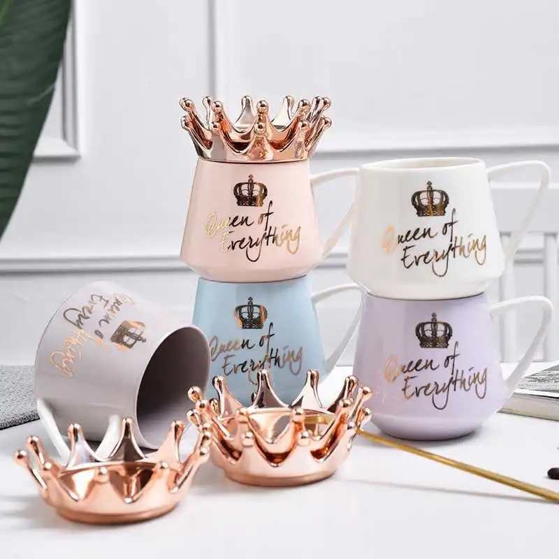 

Crown Ceramic Mug Creative Milk Coffee Cup With Lid With Spoon Set Home Decor Kitchen Utensils Couple Friends Holiday Gifts