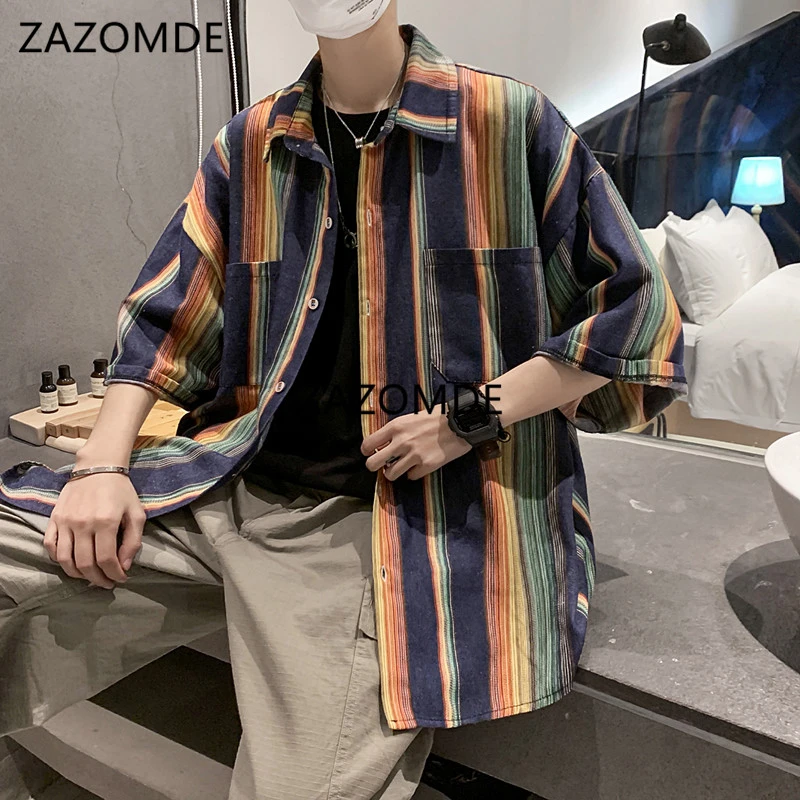 

ZAZOMDE Summer New Youth Fashion Striped Contrast Color half Sleeve Shirt Casual Loose Buttons Shirt Loose Clothes Men Oversi