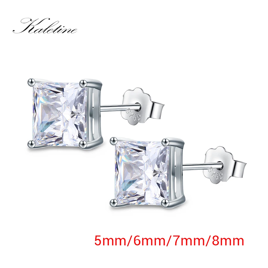 

KALETINE 925 Sterling Silver Stud Earrings For Women Square Crystal 5mm 6mm 7mm 8mm Princess Cut CZ Earrings Fashion Jewelry