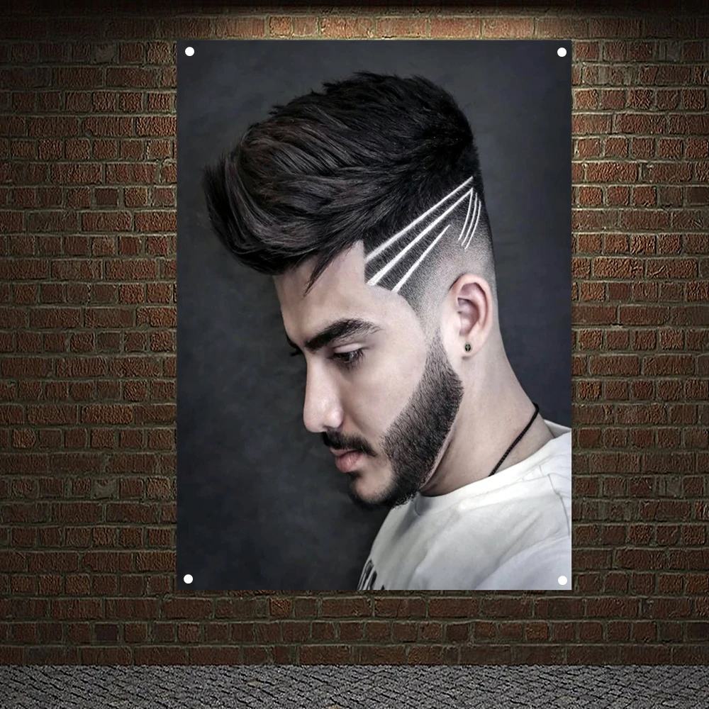

Business Carving Hairstyle Banner Wall Art Short Beard Poster Flag Canvas Painting Elegant Haircuts for Men Tapestry Home Decor