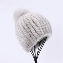 100% real mink fur hat women winter knitted beanie Russian Girls cap with fox fur pom poms thick female cap Elastic