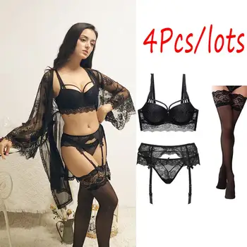 Women Underwire Push Up Padded Lingerie Set Sheer Lace Bra and Panty and Garters Panty and Stocking 4 pcs
Women Underwire Push Up Padded Lingerie Set Sheer Lace Bra and Panty and Garters Panty and Stocking 4 pcs