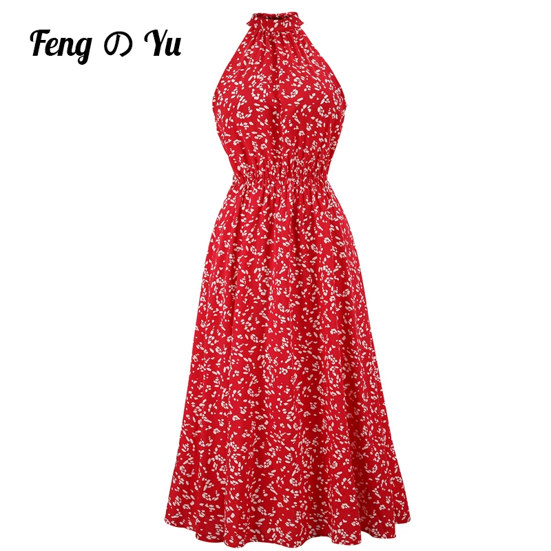 Ladies Sexy Off Shoulder Long Dress Women Summer Sleeveless Halter High Waist Dress Women Elegant Vintage Print Ruffle Robe Red
Ladies Sexy Off Shoulder Long Dress Women Summer Sleeveless Halter High Waist Dress Women Elegant Vintage Print Ruffle Robe Red