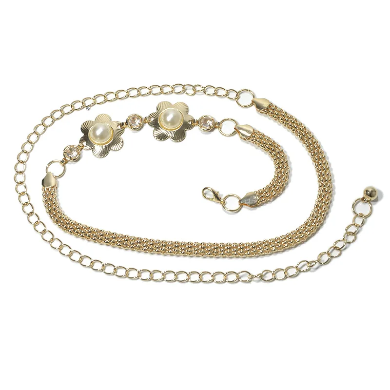 

Luxury Brand 2020 New Ladies Gold Metal Spring Waist Chain Sweet Fashion Flowers Inlaid Pearl Stretch Waist Chain Belt Bg-1143