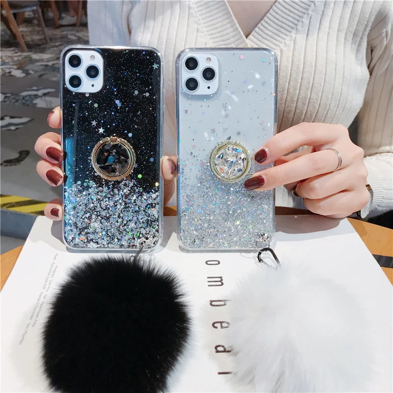 3D Diamond Holder stand Glitter Hairball soft phone case for iphone X XR XS 11 Pro Max 6 7 8 plus for samsung S8 S9 S10 Note A50 (10)