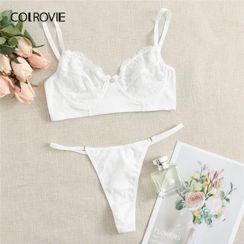 COLROVIE White Floral Contrast Lace Rib-knit Underwire Lingerie Set Women Bra and Thongs V-String Solid Sexy Lingerie Sets
COLROVIE White Floral Contrast Lace Rib-knit Underwire Lingerie Set Women Bra and Thongs V-String Solid Sexy Lingerie Sets