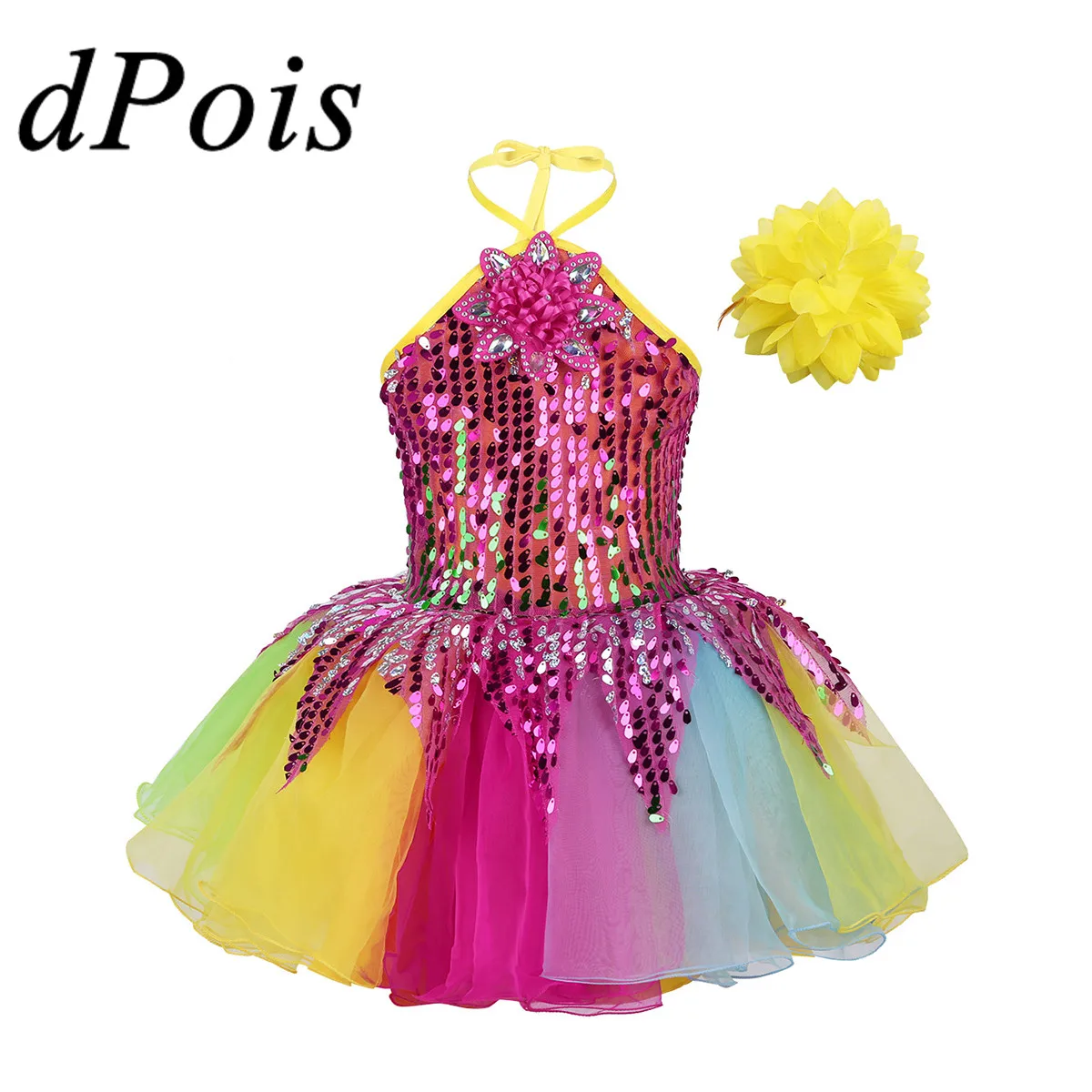 Фото Girls Sequins Bloom Ballet Dress with Sun Flower Wristband Set for Girl Rainbow Tutu Dresses Dance Outfit Kids Costume Dancewear |