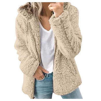 

KANCOOLD 2020 winter coat women fur faux fur teddy wool blends loose coats plus size Solid color hood warm Long sleeve coat