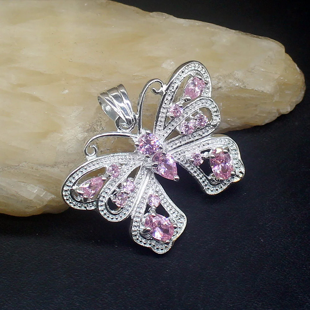 

Fashion Jewelry Unique Genuine 925 Silver Butterfly Charm Pink Topaz Kunzite Pendant Necklace Gifts for Women Girls 20213858