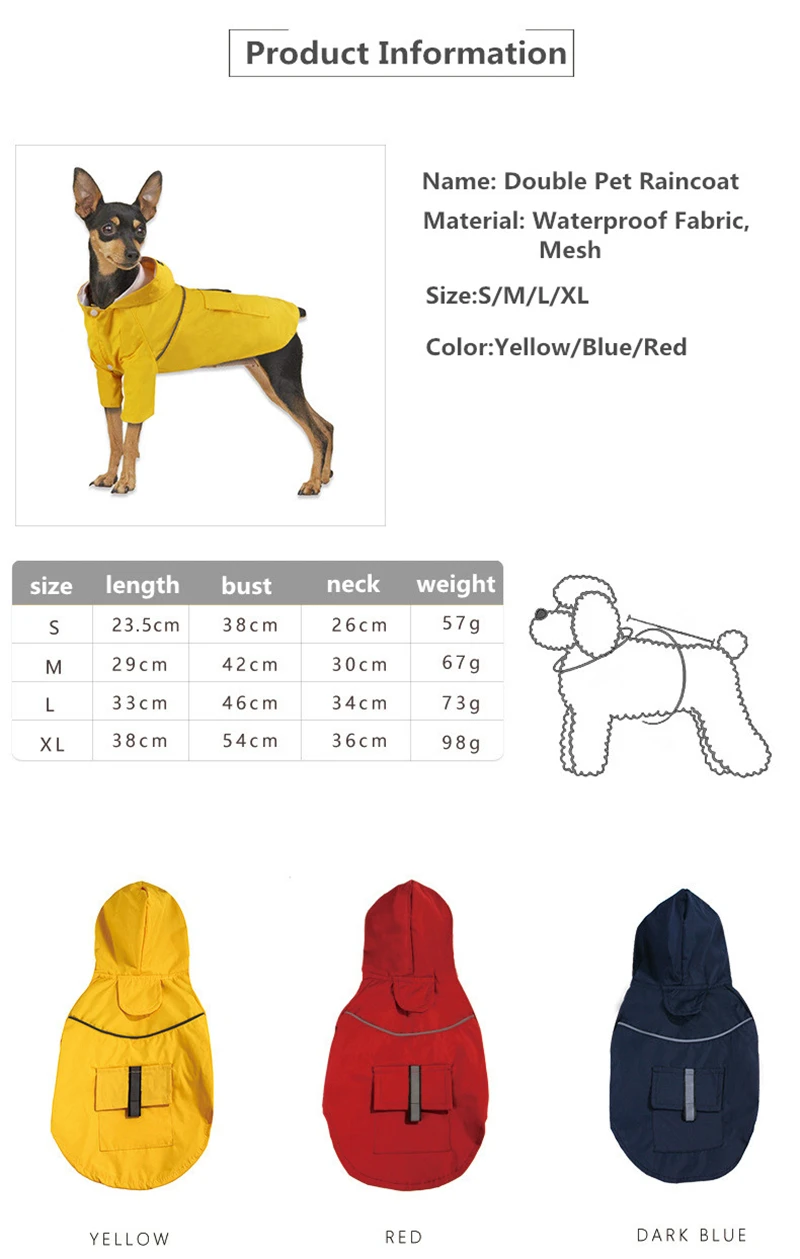 8 Fashion Waterproof Pet Dog Raincoat for Small Dog Clothes Puppy Rain Jacket with Hood Dog Poncho Reflective Stripe Rain Gear