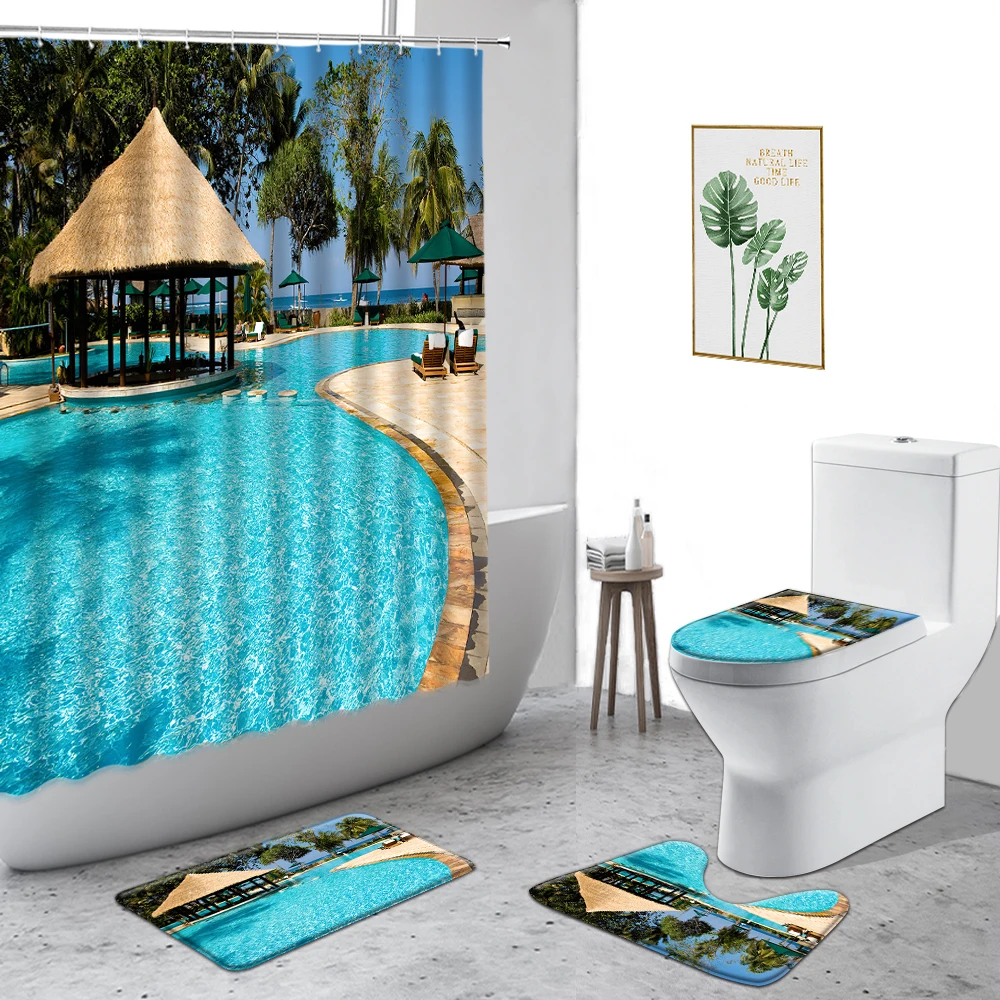 Summer Beach Landscape Shower Curtain Palm Tree House Background Bathroom Decorative Curtains Set Non-Slip Bath Mat Toilet Cover
Summer Beach Landscape Shower Curtain Palm Tree House Background Bathroom Decorative Curtains Set Non-Slip Bath Mat Toilet Cover