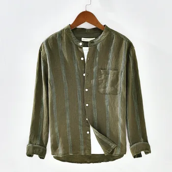 2020 Men's Long Sleeve Shirts 100%Linen Summer Casual ArmyGreen Striped Shirts Man Stand Collar Thin Blouse Tops Y2489 
2020 Men's Long Sleeve Shirts 100%Linen Summer Casual ArmyGreen Striped Shirts Man Stand Collar Thin Blouse Tops Y2489