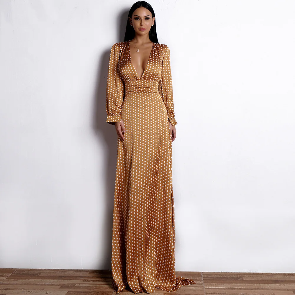 Long Sleeves Deep V Neck Long Evening Dresses Elegant Bohemian Split With Small Dots Formal Women Lady Dress Long
Long Sleeves Deep V Neck Long Evening Dresses Elegant Bohemian Split With Small Dots Formal Women Lady Dress Long