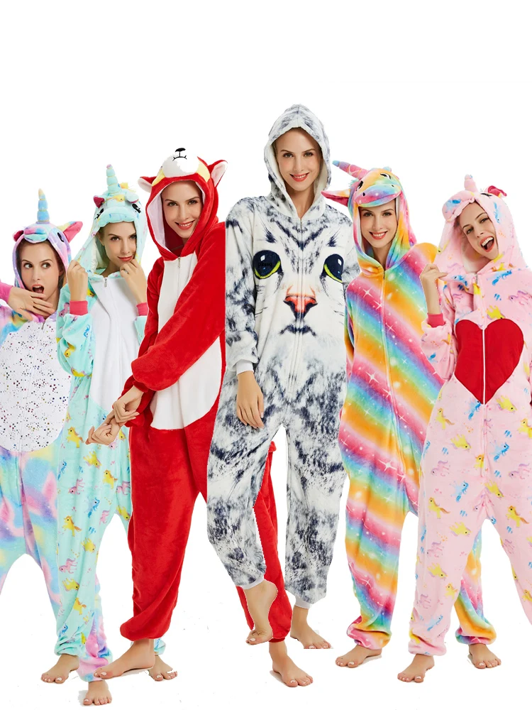 Зимние женские взрослые пижамы с животными кигуруми Единорог наборы фланелевые