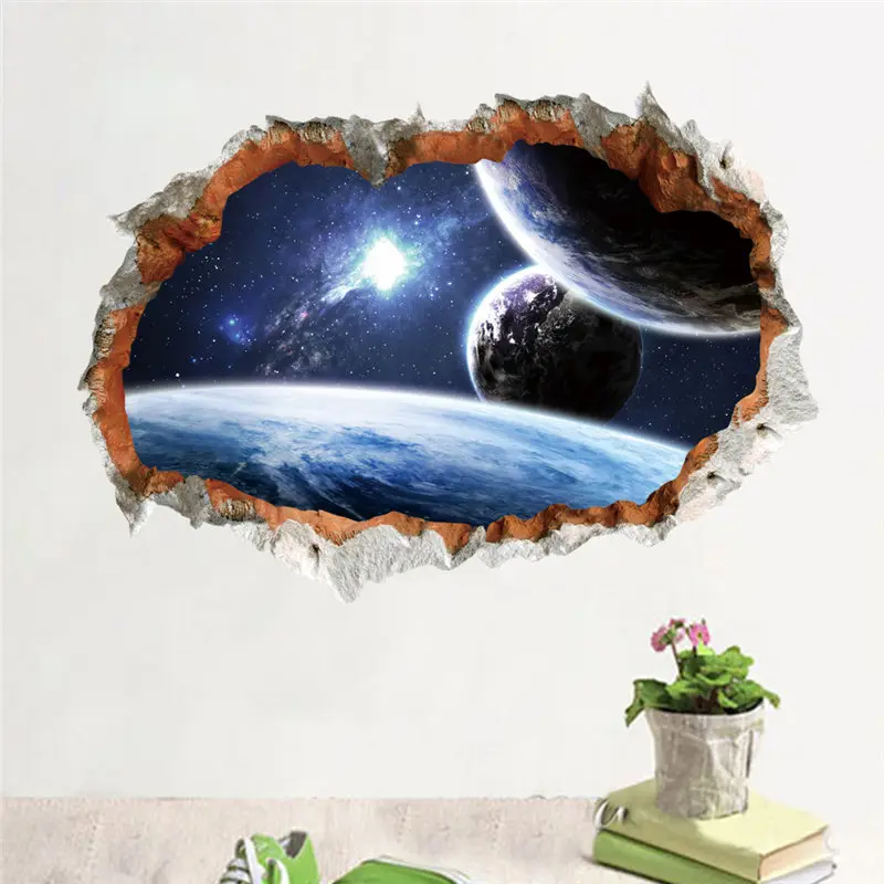 

Наклейка на стену с изображением космоса, планеты, сломанной стены, украшение для гостиной, спальни, 3d Роспись, искусство «сделай сам», Декор, домашние наклейки, подарок для детей, наклейка на стену