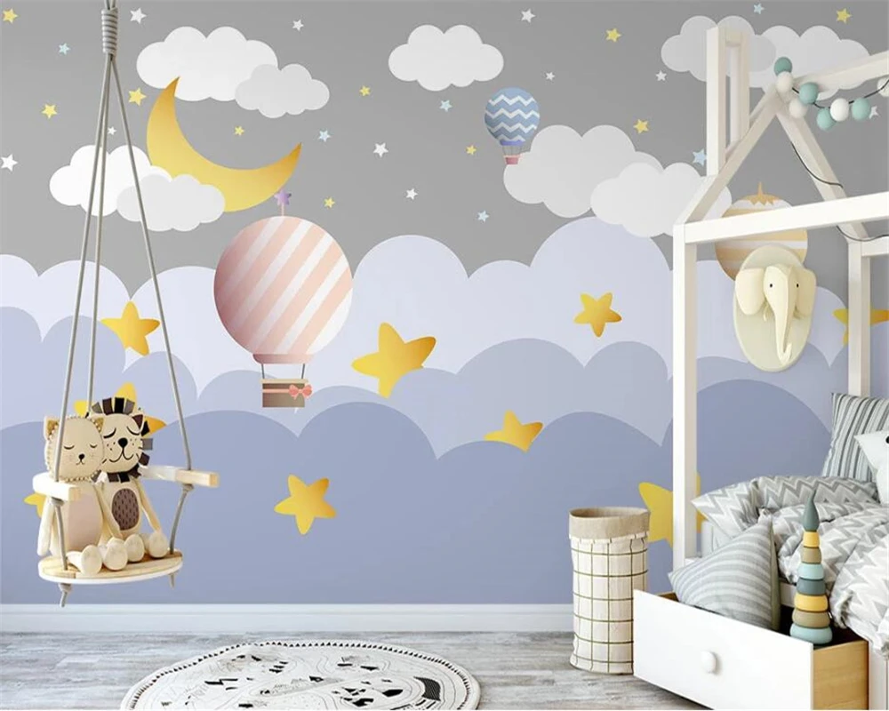 

beibehang Custom Nordic hand-painted clouds hot air balloon starry sky children's room background wallpaper papier peint