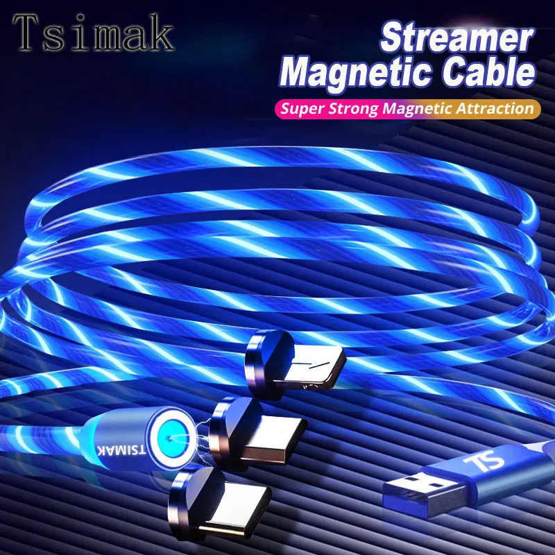 Магнитный кабель Tsimak Micro USB Type C для iPhone светящийся 1 м 2 4 А провод быстрой зарядки