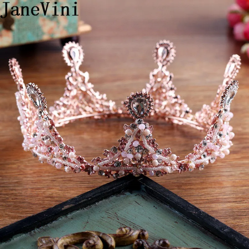 

JaneVini Luxury Pink Beaded Tiaras and Crowns for Brides Gold Crystal Round Crown Baroque Bridal Headpieces Wedding Hair Jewelry