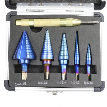 High quatity 6Pcs HSS Nano Blue Coated Step Drill Bit With Center Punch Set Hole Cutter Drilling Tool
High quatity 6Pcs HSS Nano Blue Coated Step Drill Bit With Center Punch Set Hole Cutter Drilling Tool