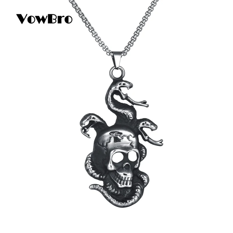 Ожерелье VowBro в стиле хип-хоп с кулоном виде черепа и змеи из нержавеющей стали для
