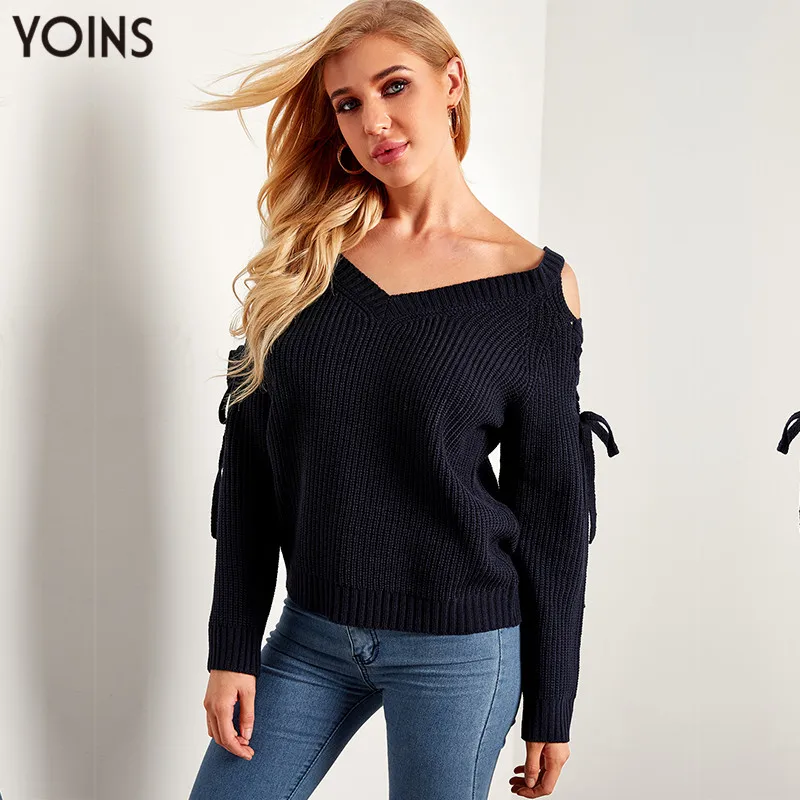 

YOINS 2019 Autumn Winter Clothes Women Sweater V-neck Cold Shoulder Lace-up Long Sleeve Jumper Femme Soft Knitted Tops Pullover
